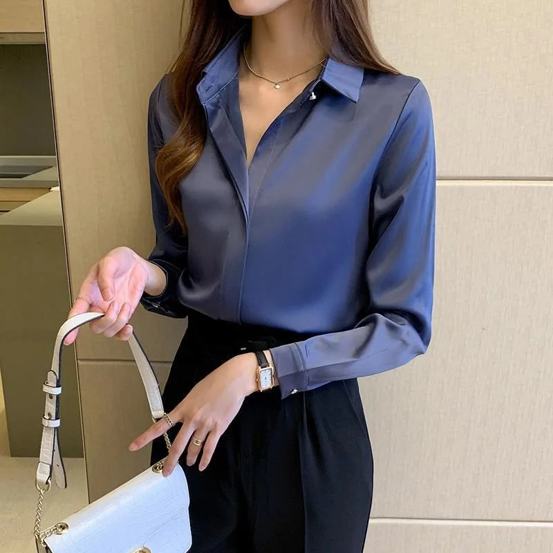 Blusas de mujer estilo primavera otoño, camisas casuales de manga larga con cuello vuelto, blusas, tops DF4846