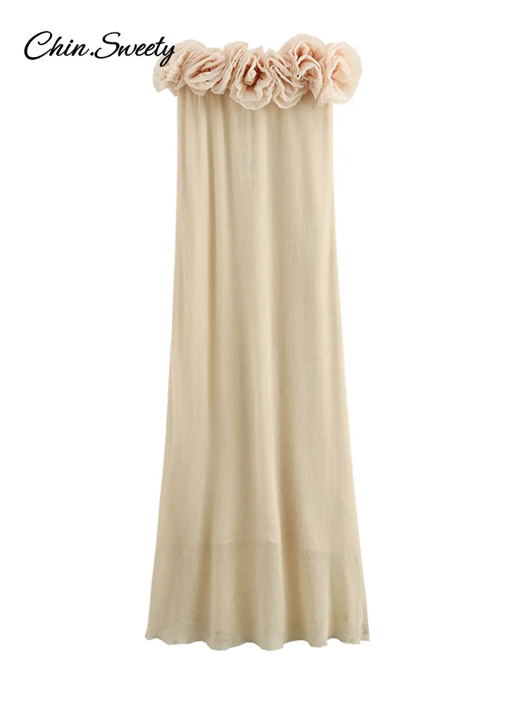 Elegant 3D Flower Knit Long Dress Women Off Shoulder Backless Loose Party Beach Vacation Dresses 2025 Spring Lady Knitwear New