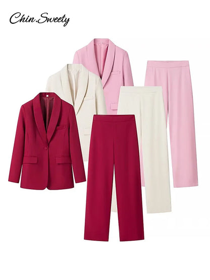 Elegant Blazer Pants Set Solid Loose Lapel Single-breasted Coat Wide Leg Trousers Sets  Fall Office New in Matching Suits
