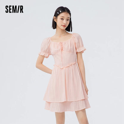 Vestido de mujer con diseño de orillo fibroso, nuevo vestido de verano retro de cuello cuadrado estilo palacio, vestido corto