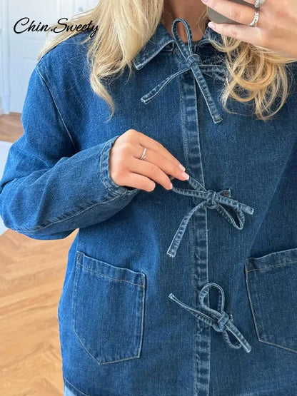 Camisa vaquera con cordones para mujer, blusa holgada de manga larga con solapa y cuello alto, primavera 2025