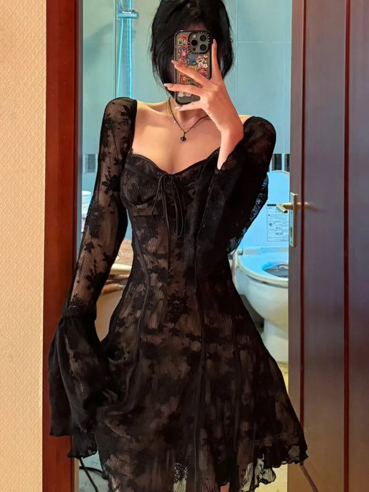 Minivestido de encaje francés sexy para mujer, Y2K, con hombros descubiertos, encaje, volantes, corte en A, otoño, primavera, manga larga, vestido de fiesta, vestidos de graduación