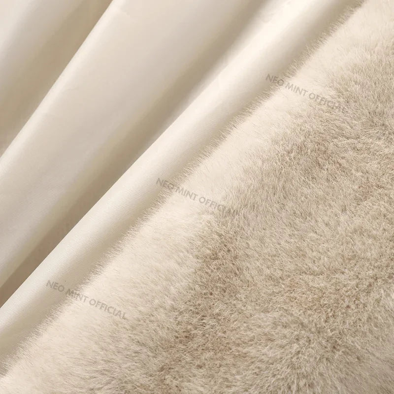 Belted Faux Mink Fur Coat Women  Winter Beige Gradient Furry Fur Jacket Luxury Brand Hooded Warm Outerwear Overcoat