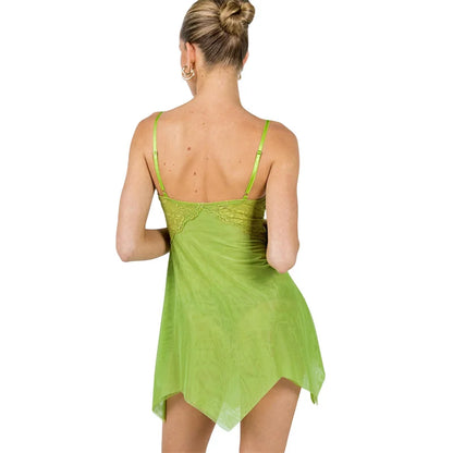 Vestido de hada para mujer, de encaje verde, con tirantes finos, sin mangas, de malla, corte A, minivestido para Halloween, cosplay, ropa de club.