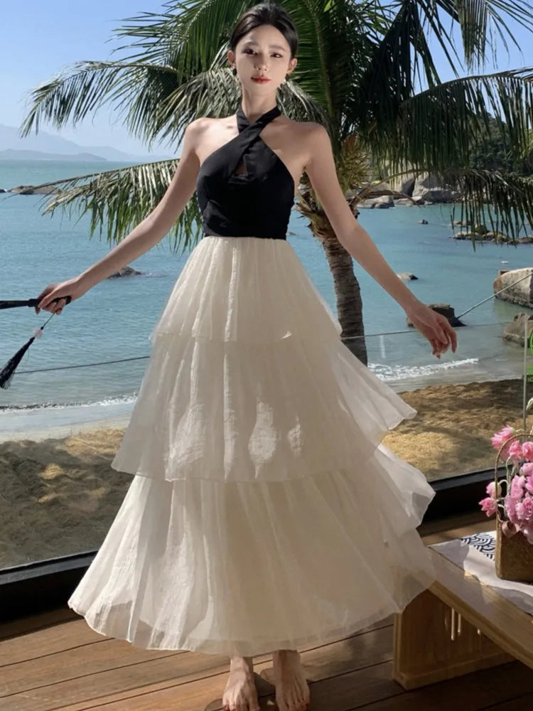 Elegante vestido de fiesta de noche con volantes y retazos para mujer, sin mangas, con cuello halter y espalda descubierta, corte en A, de una pieza