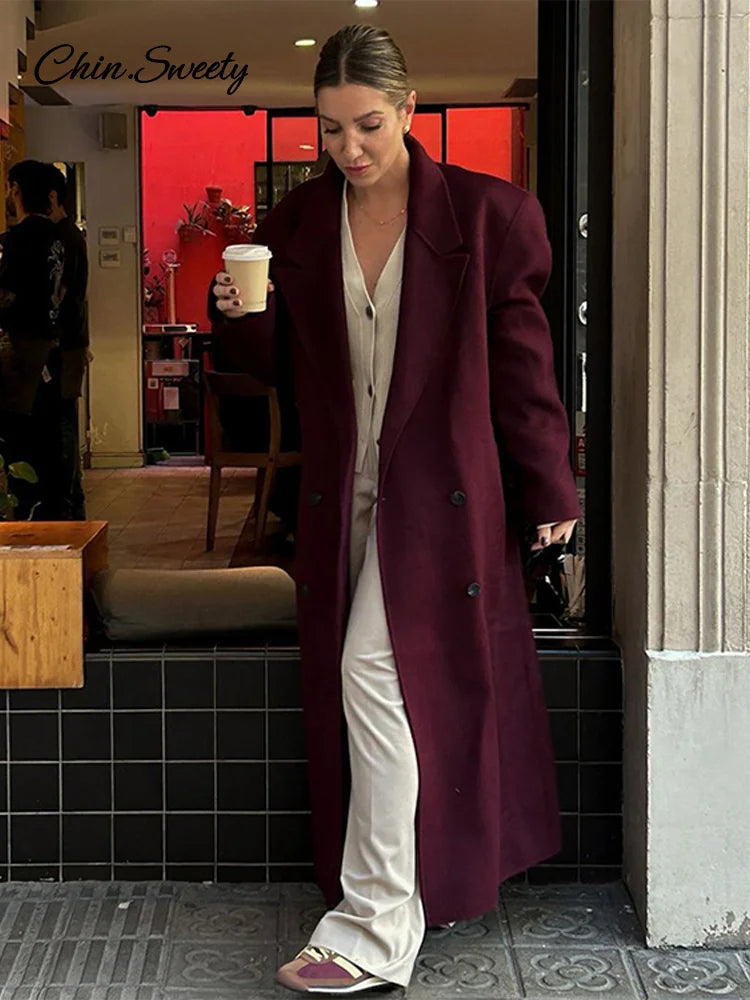 Abrigo largo de lana burdeos y rojo a la moda para mujer, con hombreras extragrandes, manga larga, doble botonadura, ropa de calle de otoño para mujer