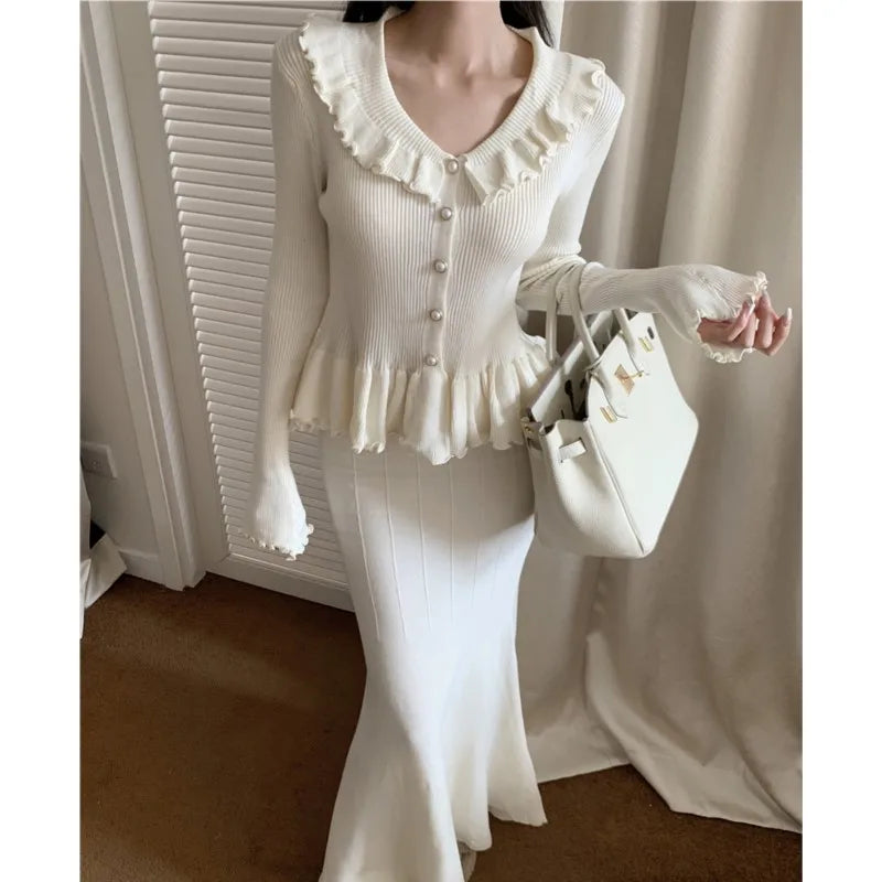 Autumn Winter Knitted 2-Piece Sets Women Ruffles Tops Bodycon Fishtail Skirt Slim Solid Knitwear Outfits Korean Fashion Suit