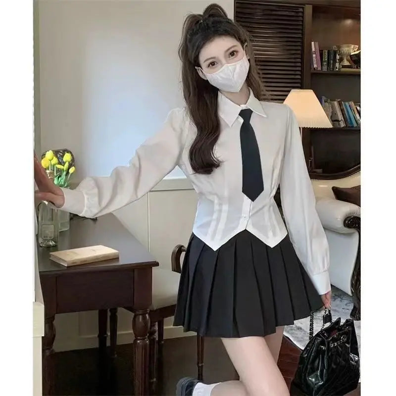 Camisa corta blanca de manga larga para mujer, túnica ajustada con botones, blusa básica, blusa escolar, blusa formal de cola de golondrina para mujer