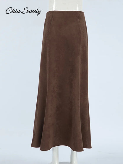 Faldas vintage de gamuza marrón para mujer, faldas plisadas ajustadas con cremallera para oficina, elegantes, de cintura alta, para fiesta, nuevas