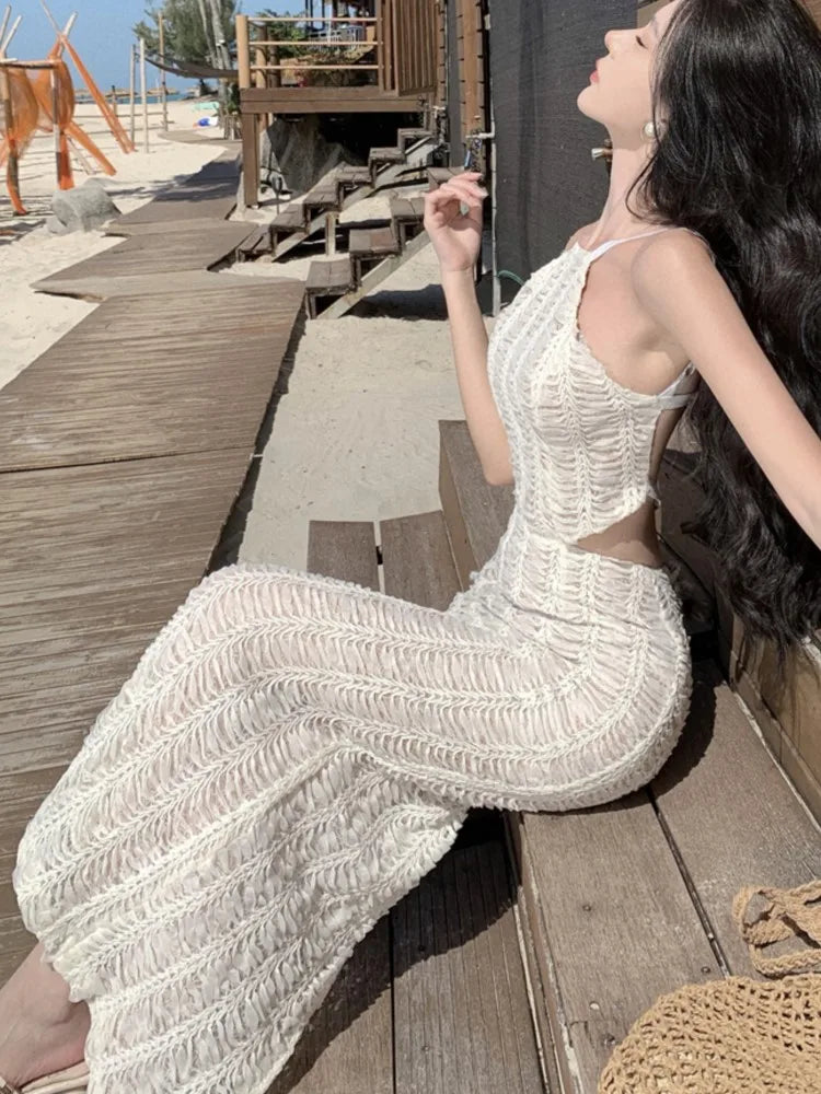 Vestidos sexis ajustados de punto con espalda descubierta para mujer, vestido de fiesta ajustado con cuello halter sin mangas, moda coreana, estilo festivo, Vestidos para mujer