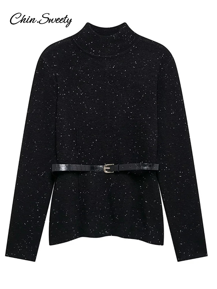 Suéter de cuello alto negro vintage para mujer, jersey de punto holgado de manga larga con cinturón, jersey suave de primavera para mujer, nuevo