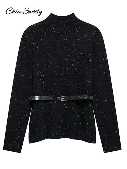 Suéter de cuello alto negro vintage para mujer, jersey de punto holgado de manga larga con cinturón, jersey suave de primavera para mujer, nuevo