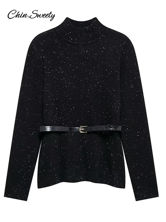 Suéter de cuello alto negro vintage para mujer, jersey de punto holgado de manga larga con cinturón, jersey suave de primavera para mujer, nuevo