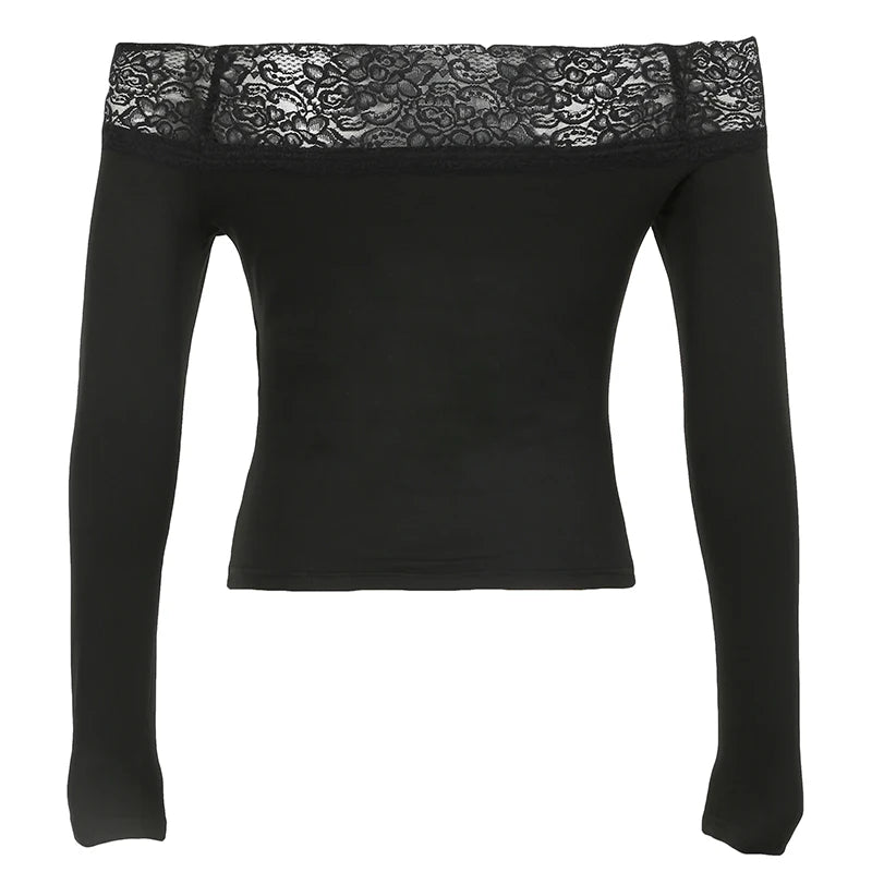 Blusas góticas retro de encaje con cuello oblicuo para mujer, manga larga, Y2k, estampado oscuro y chic, moda de otoño, tops de moda