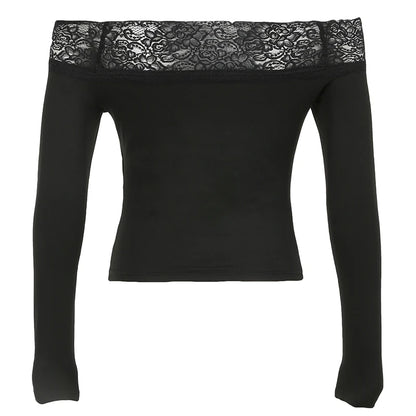 Blusas góticas retro de encaje con cuello oblicuo para mujer, manga larga, Y2k, estampado oscuro y chic, moda de otoño, tops de moda