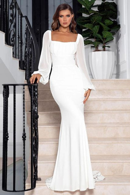 Elegante vestido de noche ajustado con escote cuadrado y cintura alta, de gasa de manga larga, para mujer, vestido de fiesta blanco con temperamento.