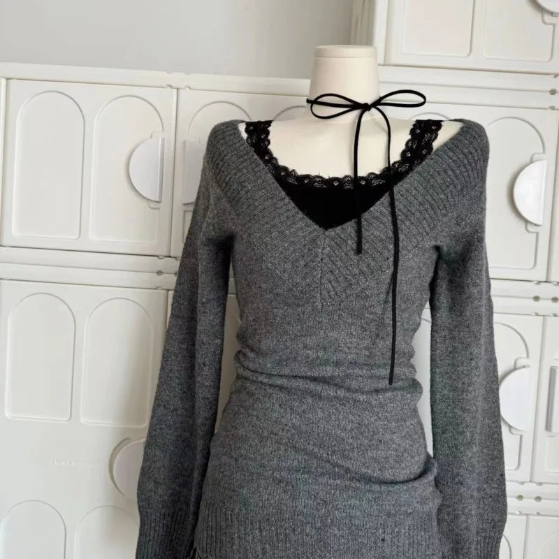 Suéter vintage francés con cuello en V para mujer, jersey de manga larga, minifalda de punto, estilo años 2000, conjuntos de 3 piezas.