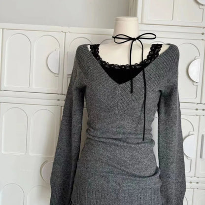 Suéter vintage francés con cuello en V para mujer, jersey de manga larga, minifalda de punto, estilo años 2000, conjuntos de 3 piezas.