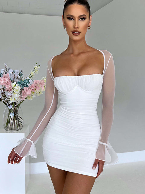 Elegante minivestido sexy sin espalda para mujer, vestido de dos capas de malla, manga larga, cremallera, ajustado, vestido de fiesta corto