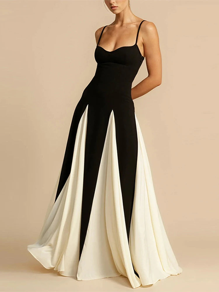 Fashion Patchwork Strap Maxi Dress Women Sexy Sleeveless Backless Female Sling Dresses  Summer New Party Lady Robe