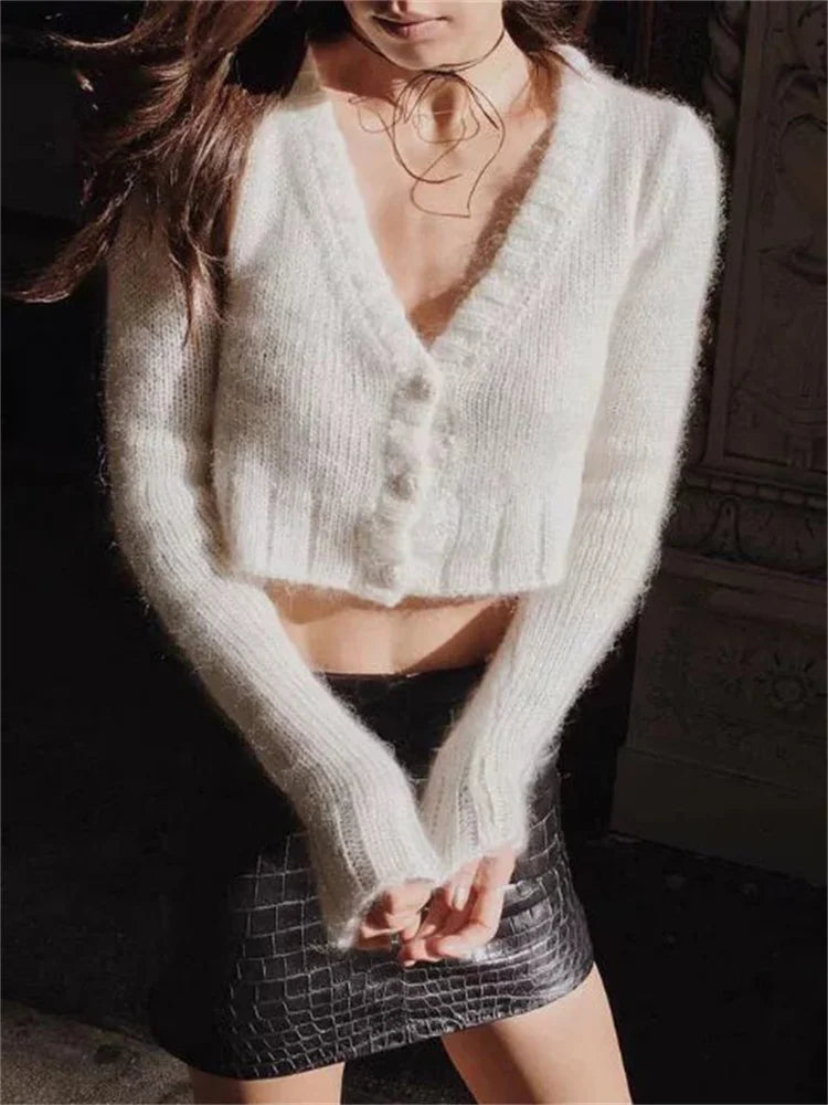Suéter de punto con cuello en V para mujer, cárdigan corto de manga larga, ropa de calle sexy, abrigo de punto corto, abrigo de patchwork para mujer