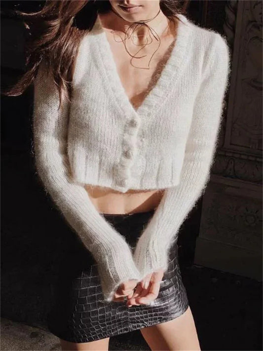 Suéter de punto con cuello en V para mujer, cárdigan corto de manga larga, ropa de calle sexy, abrigo de punto corto, abrigo de patchwork para mujer