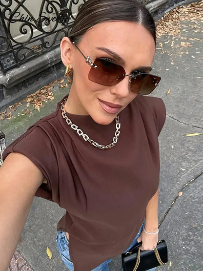 Casual Pleated Sleeveless Vest Women Irregular O-neck Split Shoulder Pad Solid Tank Top Fashion High Street Lady Slim Shirt New