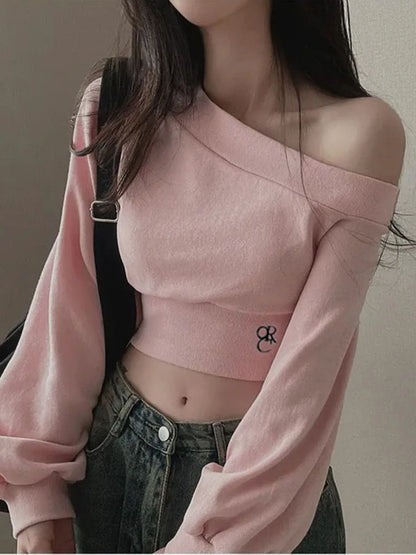Camisetas de moda para mujer, blusas casuales de manga larga, cuello alto, lisas, cómodas y de un solo hombro.