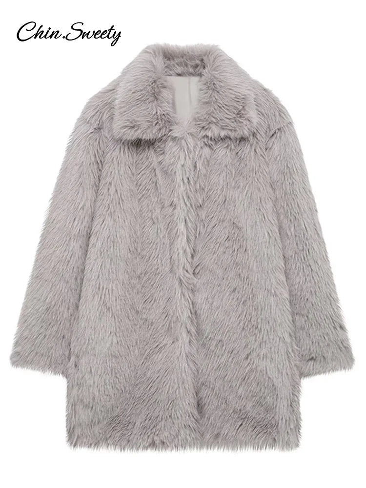 Fashion Solid Fluffy Faux Fur Coat Women Lapel Long Sleeve Thick Warm Loose Jackets 2025 Winter Elegant High Street Outerwear