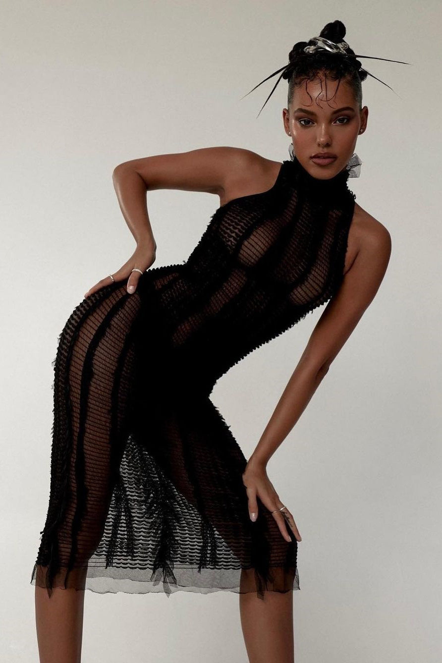 Vestido midi con volantes y cuello alto Bonnie 
