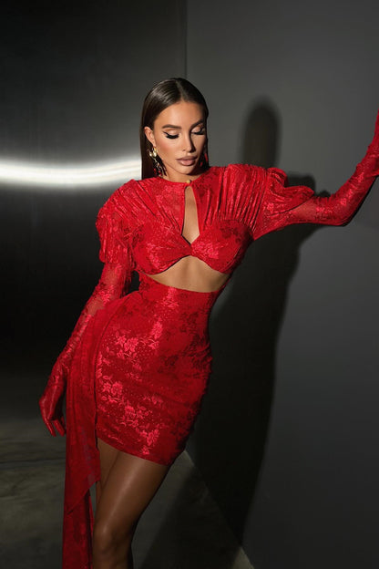 Vestido mini drapeado con aberturas y mangas largas Myra 