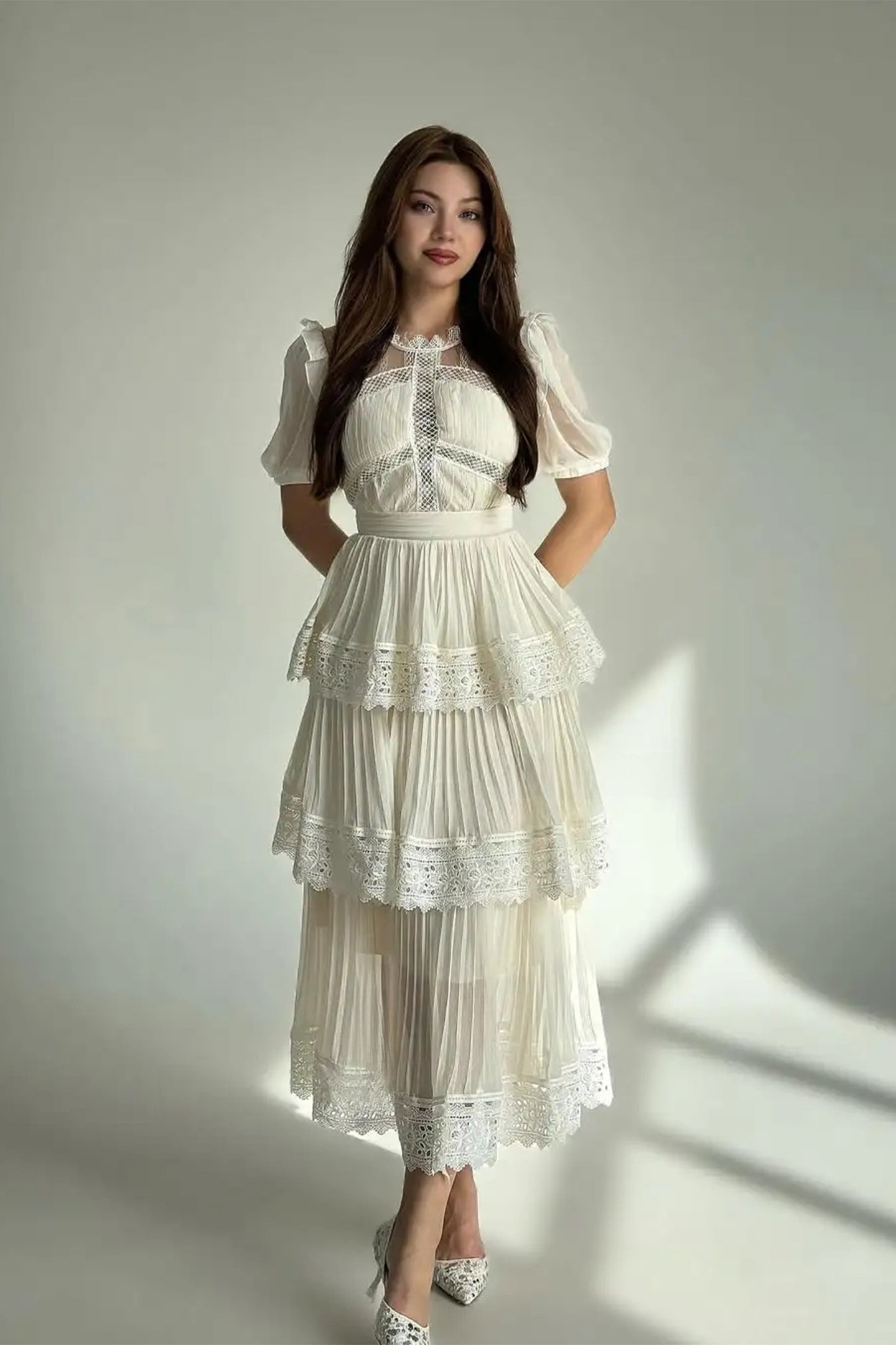 Janet Lace Detail Tiered Midi Dress