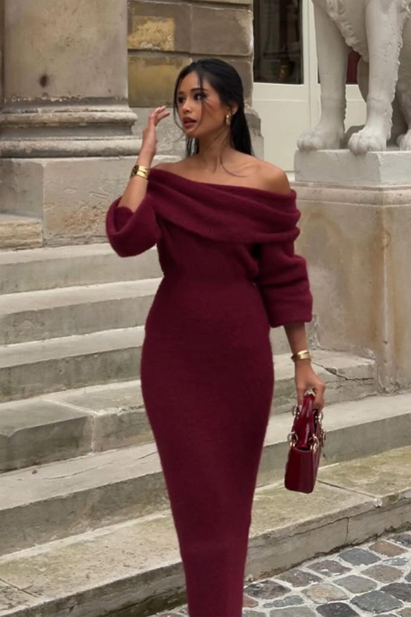Vestido largo de punto con hombros descubiertos Marguerite 