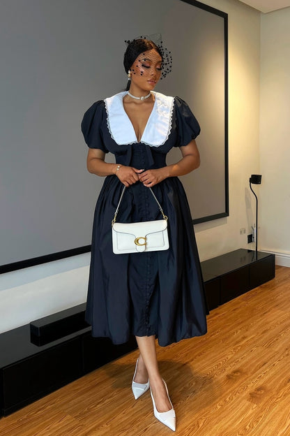 Vestido midi con mangas abullonadas y cuello de muñeca Athena 