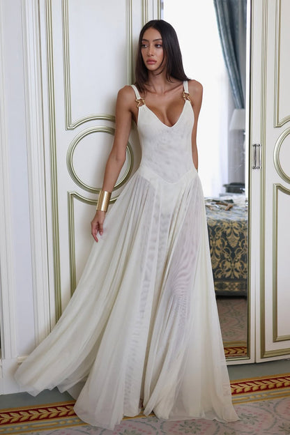 Vestido largo de malla semitransparente con escote pronunciado Julie 