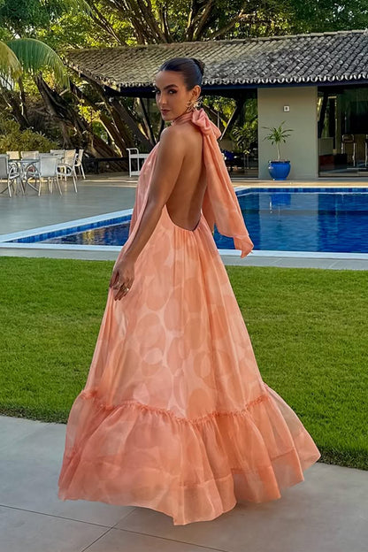 Vestido largo con cuello halter y estampado Stephanie 
