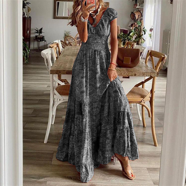 Vestidos largos con estampado bohemio para mujer, cuello en V, cintura elástica, mangas cortas, estilo casual de vacaciones, vestidos vintage de moda para mujer