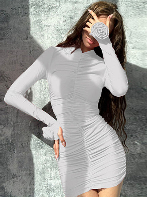 Vestido mini plisado floral ajustado para mujer, manga larga, cintura alta, liso, informal, sexy, Y2k, ropa de otoño para mujer, minivestido