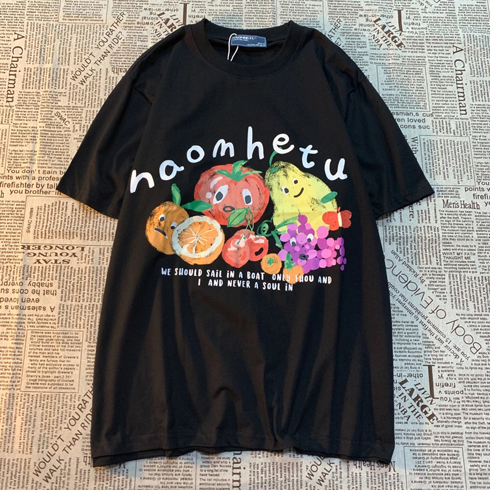 American Retro Fruit Print Round Neck Short Sleeved T-shirt For Women And Men Trendy Loose And Versatile Couple Half Sleeved Tee