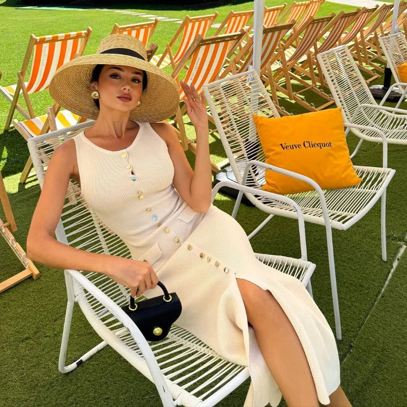 Vestido largo de punto de moda para mujer, elegante, sin mangas, con botones, maxivestido ajustado, vestidos de fiesta de moda para mujer