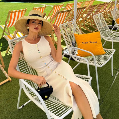 Vestido largo de punto de moda para mujer, elegante, sin mangas, con botones, maxivestido ajustado, vestidos de fiesta de moda para mujer