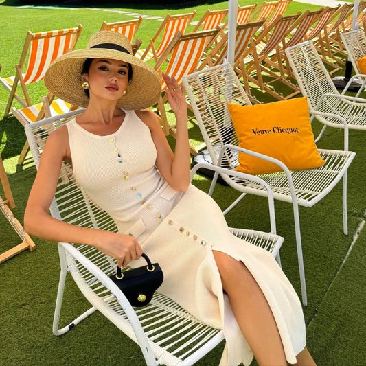 Vestido largo de punto de moda para mujer, elegante, sin mangas, con botones, maxivestido ajustado, vestidos de fiesta de moda para mujer