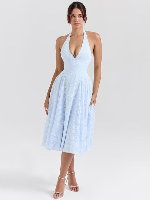 Deep V Neck Halter Sexy Madi Dress Women Fashion Sleeveless Backless A-line Loose Pleated Evening Long Dress Elegant