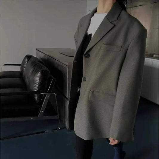 Blazer holgado estilo boyfriend vintage gris oscuro de gran tamaño con cuello entallado para mujer, abrigo de moda