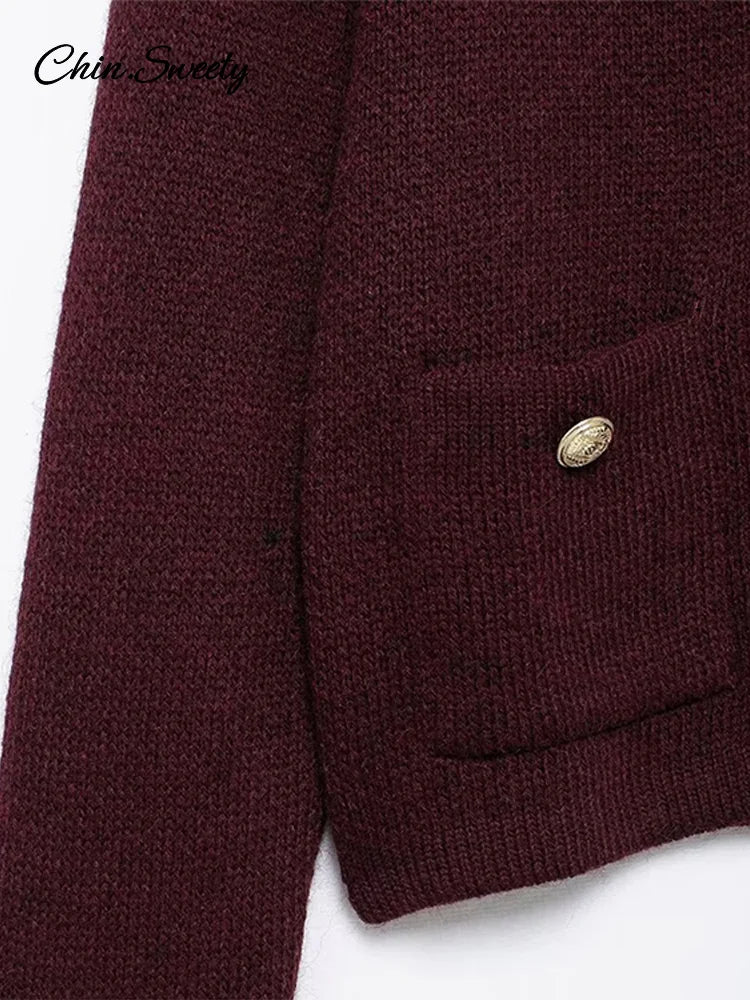Cárdigan de punto burdeos para mujer, cuello redondo, botonadura sencilla, manga larga, bolsillo, otoño e invierno, prendas de punto que combinan con todo.