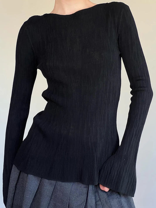 Camiseta elegante de manga acampanada ajustada negra lisa para mujer, sencilla, básica, de punto, para primavera y otoño