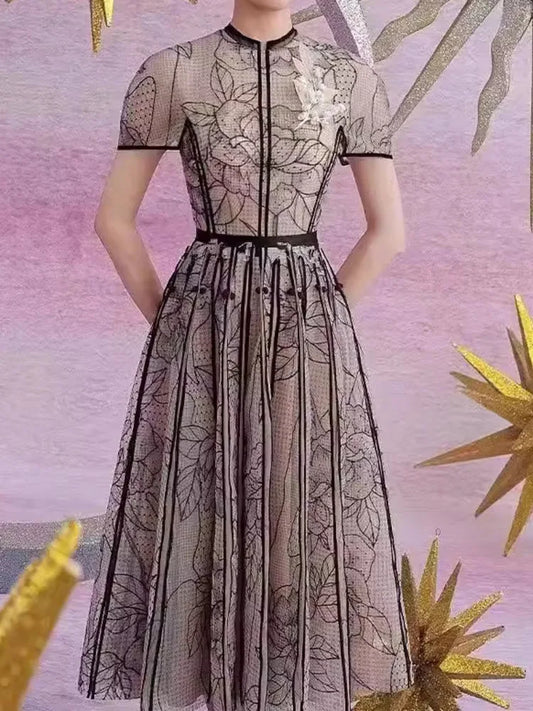 Vestido de fiesta vintage de moda con cuello redondo, manga corta, encaje de malla bordado, elegantes vestidos largos para mujer primavera verano 2025 8980