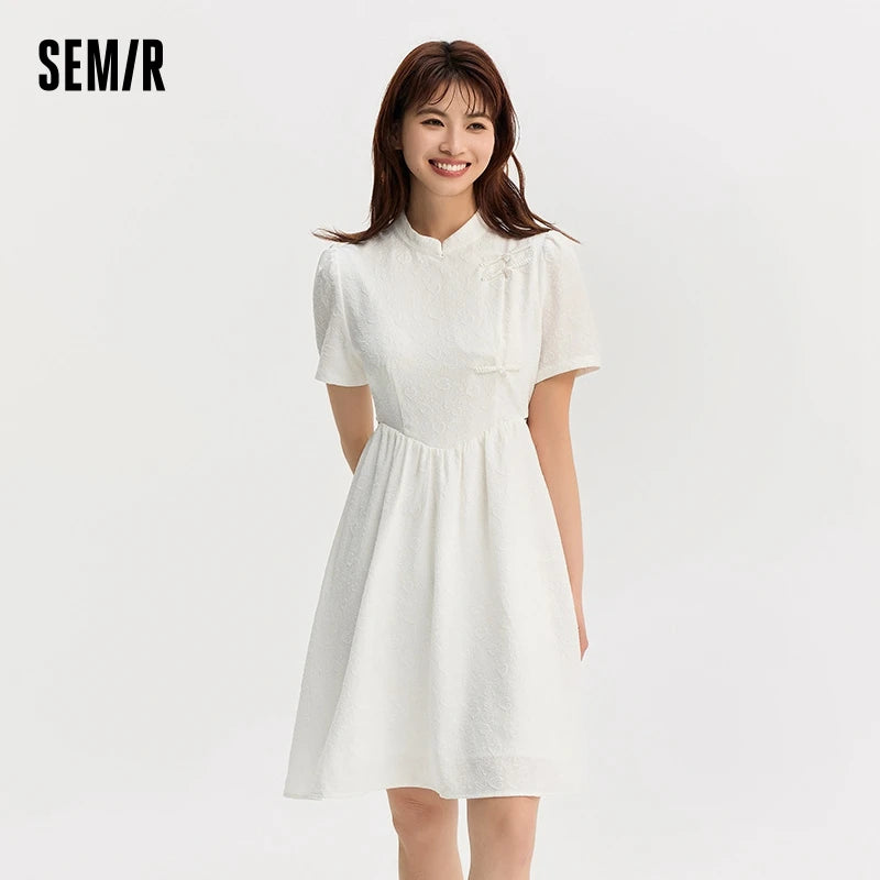 Women Dress Small Stand-Up Collar Buttoned Elegant And Gentle Summer Slightly Sexy Short Skirt  New Arrival