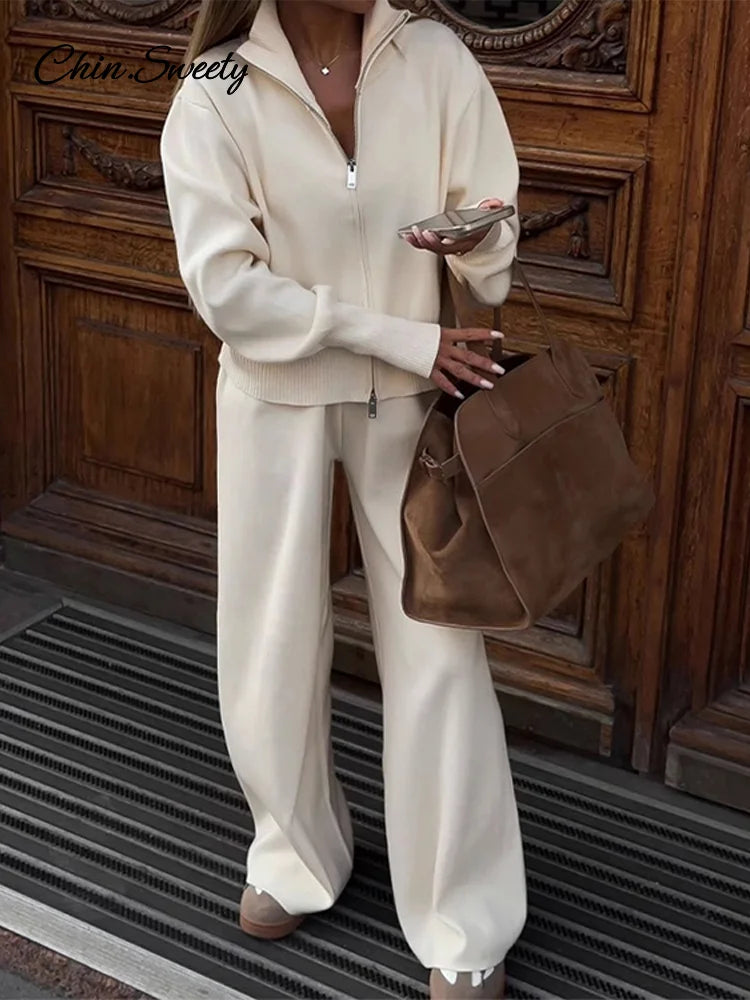 Conjuntos de pantalones de punto para mujer, cárdigan con cuello alto y cremallera, pantalones holgados de cintura alta, trajes de otoño e invierno, nuevos conjuntos a juego