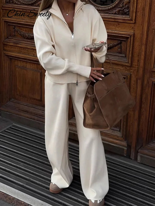 Conjuntos de pantalones de punto para mujer, cárdigan con cuello alto y cremallera, pantalones holgados de cintura alta, trajes de otoño e invierno, nuevos conjuntos a juego